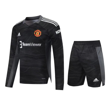 Manchester United Soccer Jersey Goalkeeper Long Sleeve Kit(Jersey+Short) Black Replica 2021/22