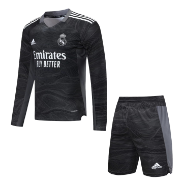 Real Madrid Soccer Jersey Goalkeeper Long Sleeve Black Kit (Jersey+Short) Replica 2021/22