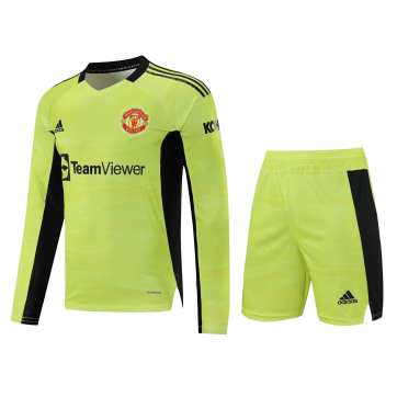 Manchester United Soccer Jersey Goalkeeper Long Sleeve Kit(Jersey+Short) Green Replica 2021/22